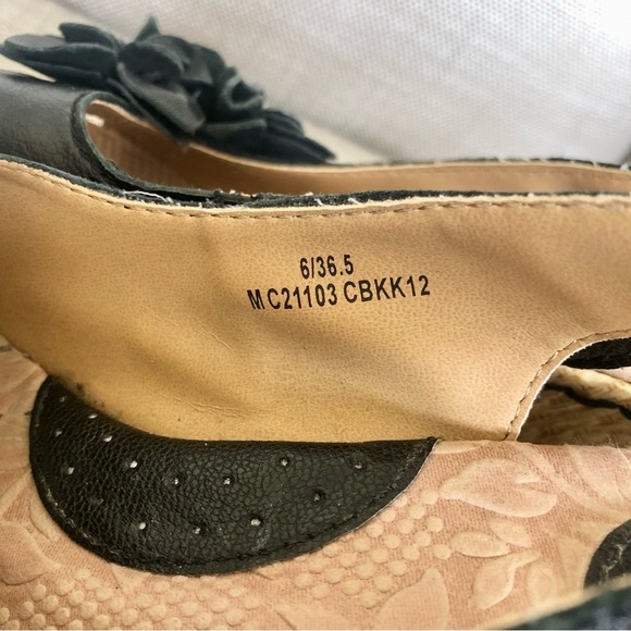 Born b.o.c Wedge Sandals Size 6 Slingback Floral Black Leather Comfy Chic - Picture 6 of 12